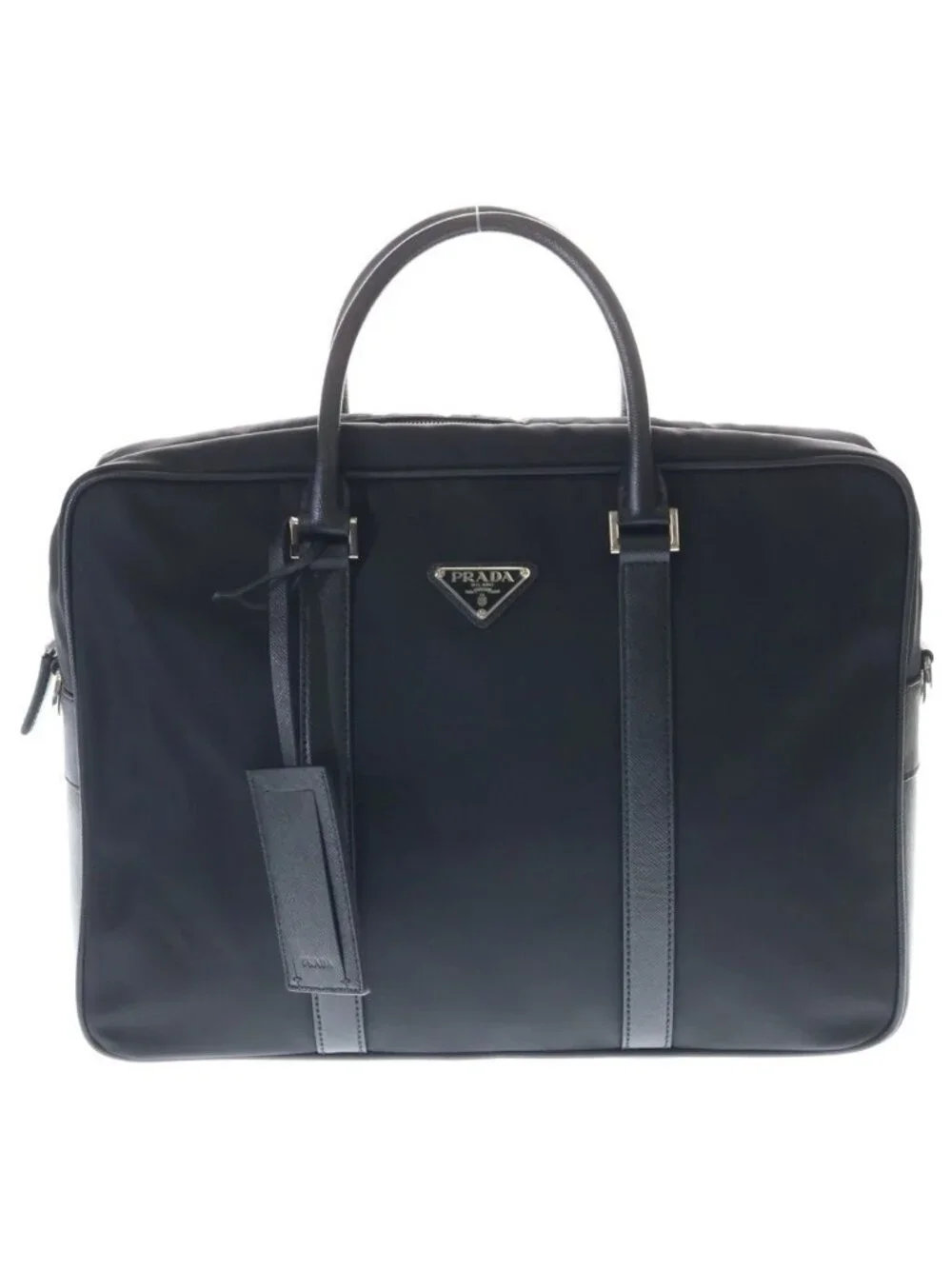 Prada Tessuto Business Shoulder Bag Black Nylon Xleather Silver